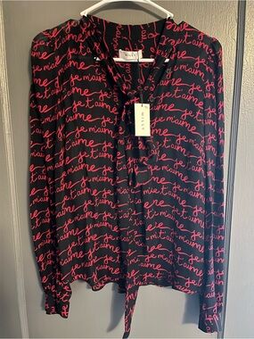 Milly Black Blouse with Red Script Tie-Neck